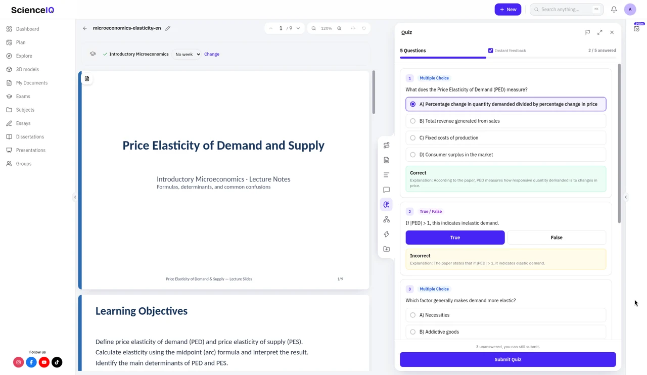 Microeconomics quiz in progress with instant Correct and Incorrect feedback