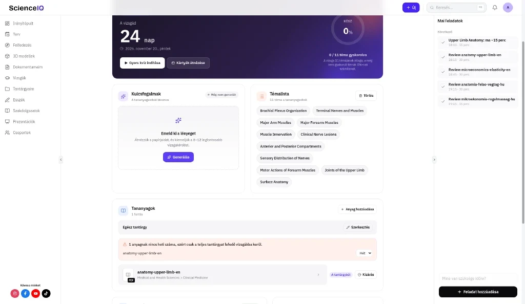 Vizsga Tananyagok listája a csatolt anatómia PDF-fel, fölötte 24 napos visszaszámlálás
