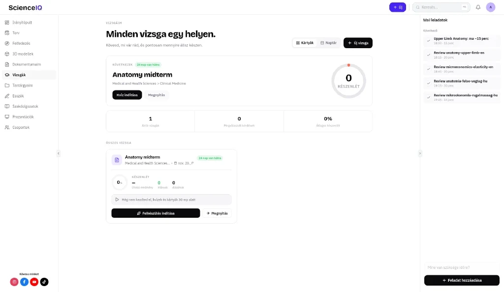 Vizsgák lista Anatomy midterm kártyával, 24 nap van hátra, és Új vizsga gombbal