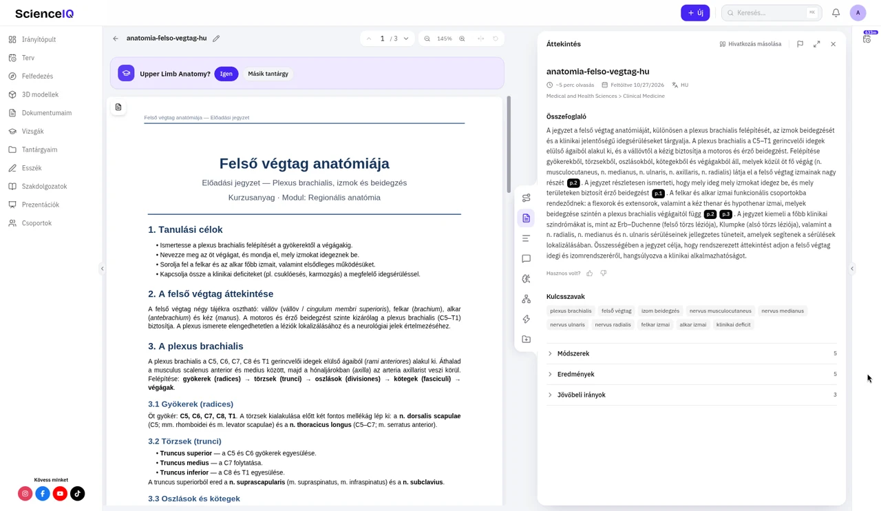 Áttekintés fül generált összefoglalóval, oldalhivatkozásokkal (például p.2) és kulcsszavakkal