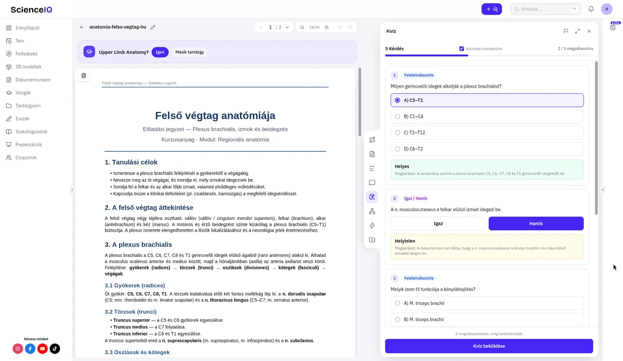 Anatómia-kvíz folyamatban, azonnali Helyes és Helytelen visszajelzéssel