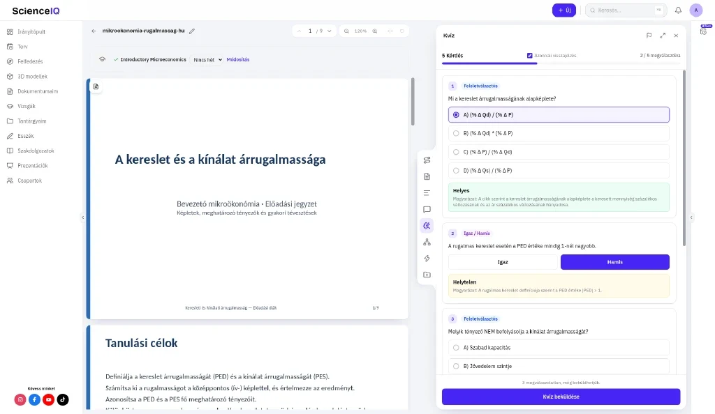 Mikroökonómia-kvíz folyamatban, azonnali Helyes és Helytelen visszajelzéssel