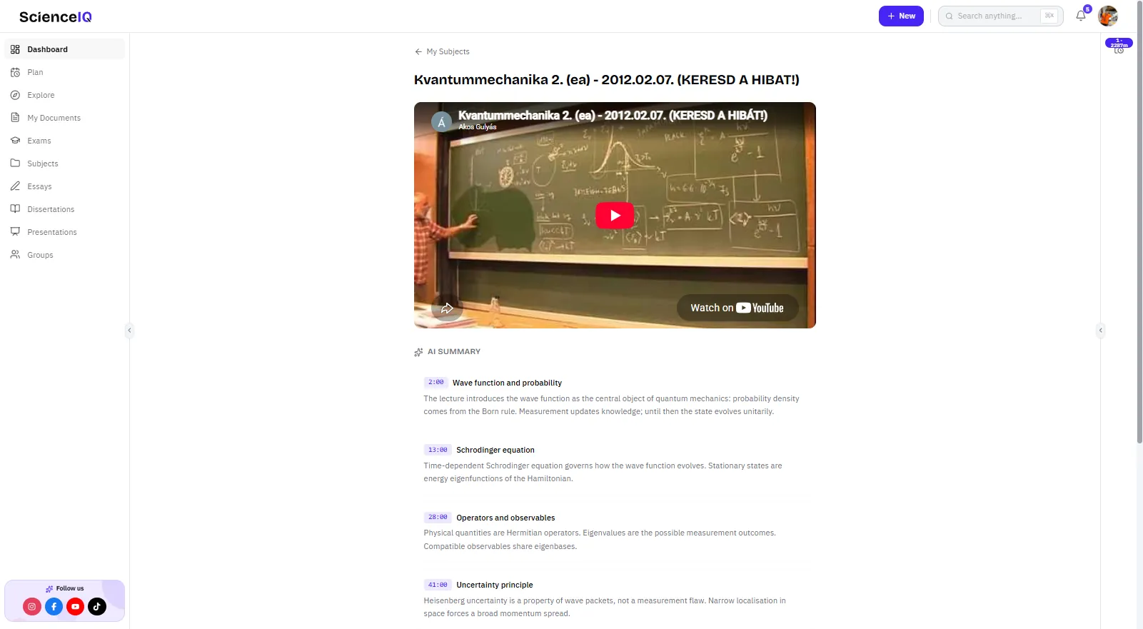 ScienceIQ-Videolernseite mit Quantenmechanik-Vorlesung und KI-Kapitelzusammenfassung