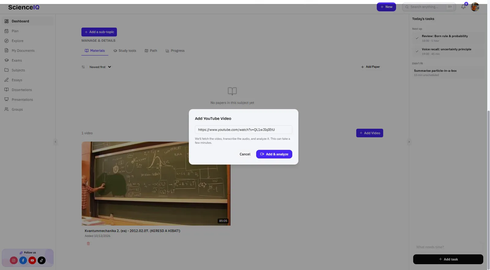 ScienceIQ Add YouTube Video dialog with the quantum mechanics lecture URL